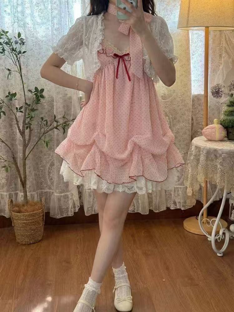 Ruched Dress Mini - Японский модный милый комплект из 2