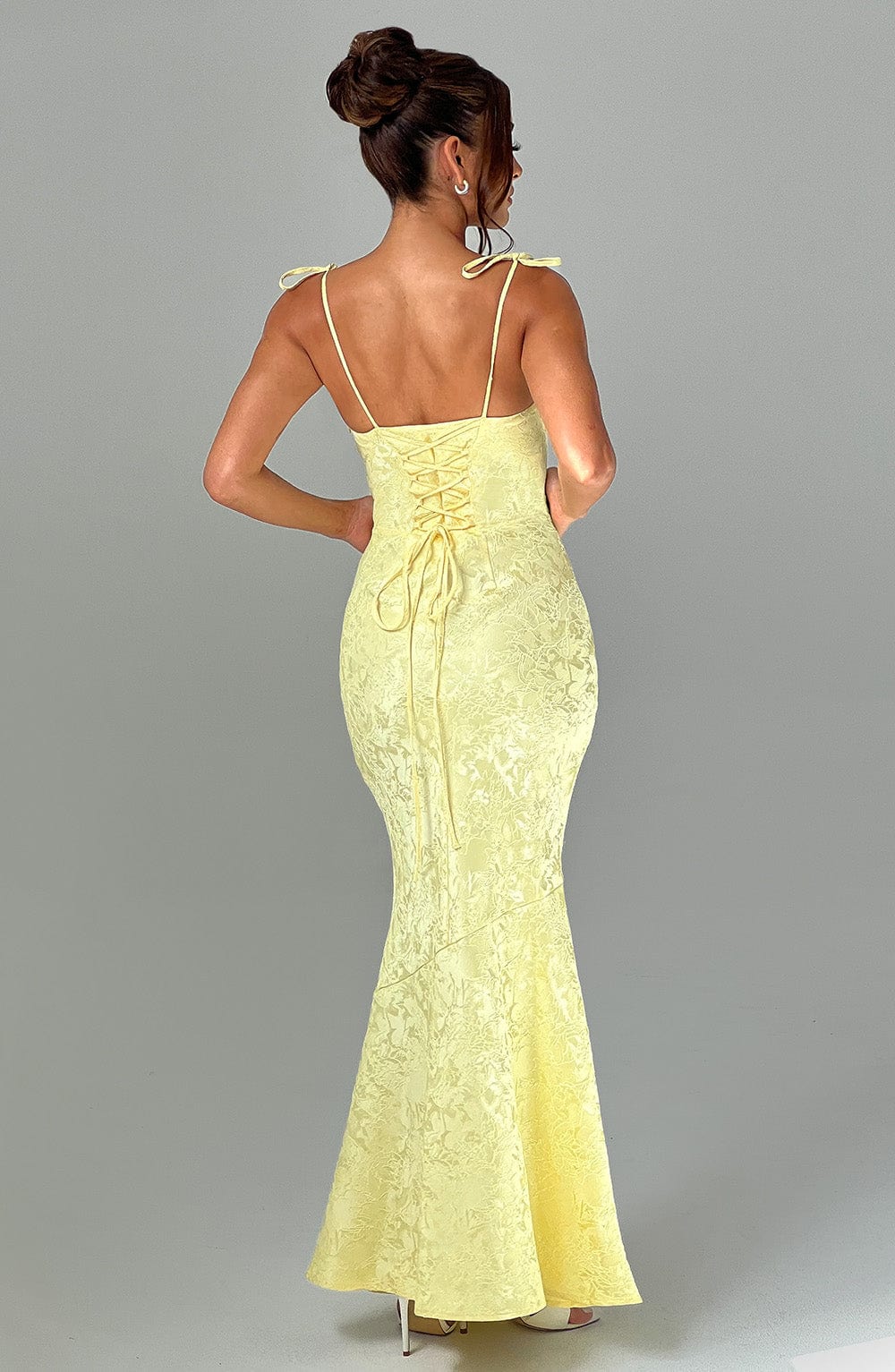 Bodycon Dress Women - Женское светло-желтое жаккардовое платье-русалка макси с