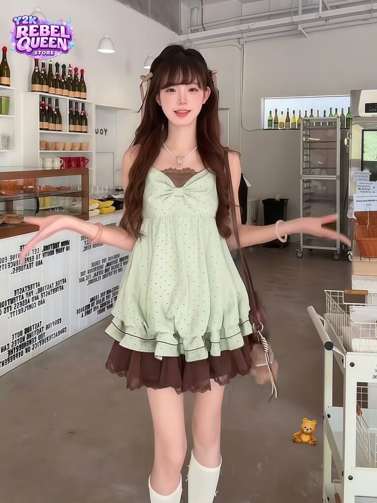 Ruched Dress Mini - Нежное корейское платье-комбинация в горошек для